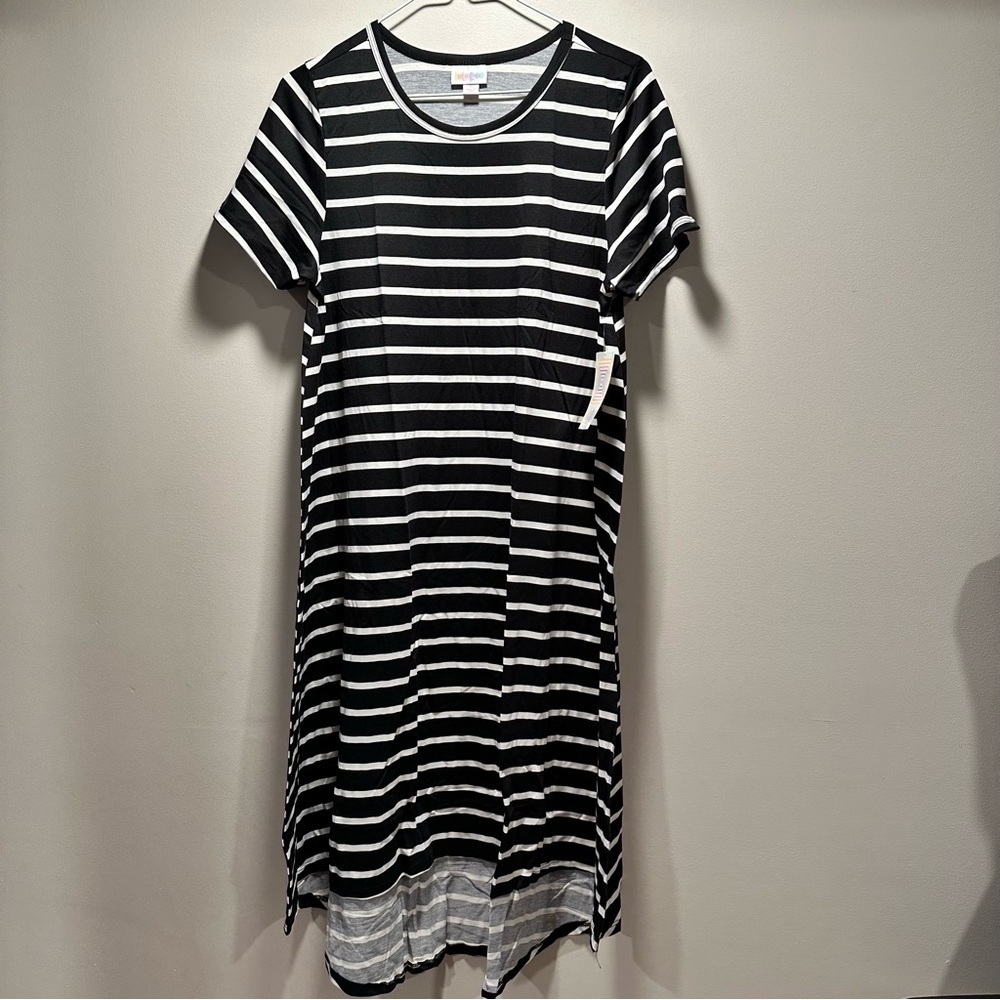 LulaRoe Carly Midi Dress High Low Hem Stretchy Comfortable Black & White S 6-8 - Picture 10 of 15